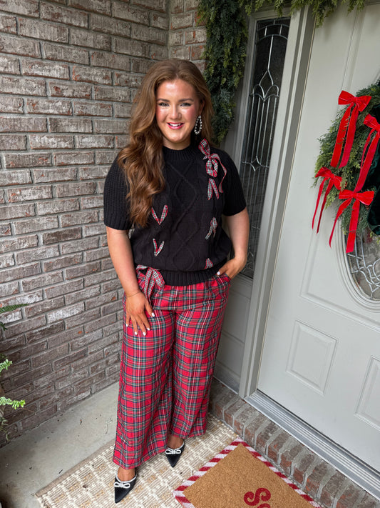 Black Plaid Lace up Detail Christmas Holiday Puff Short Sleeve Sweater - PREORDER