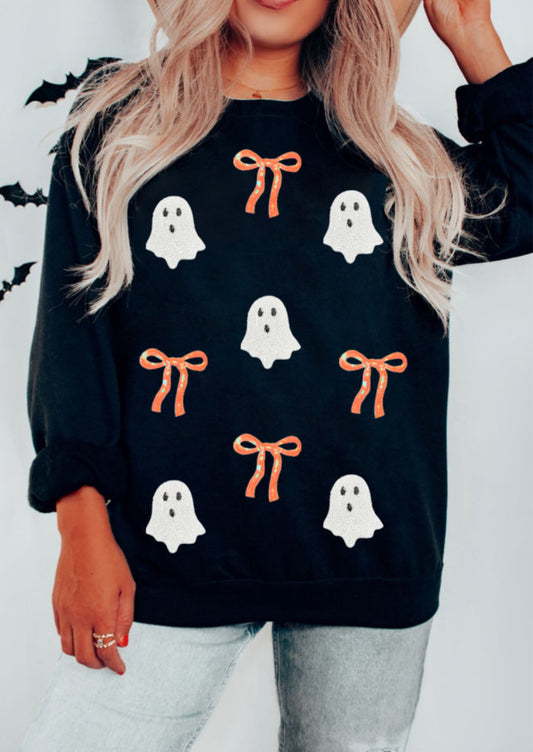 Black Halloween Ghost Bow Sequin Patched Drop Shoulder Sweatshirt - PREORDER