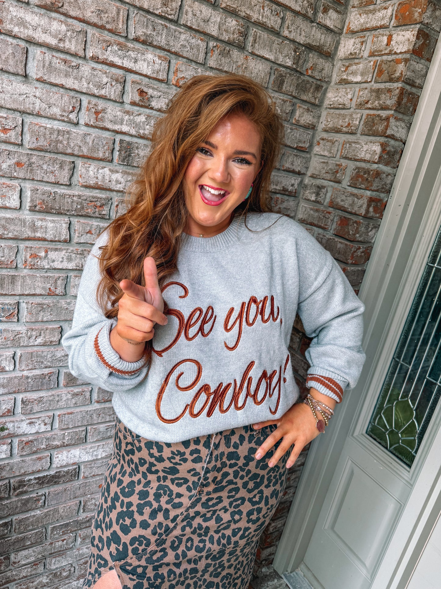 Light Grey See You Cowboy Embroidered Western Graphic Sweater - PREORDER