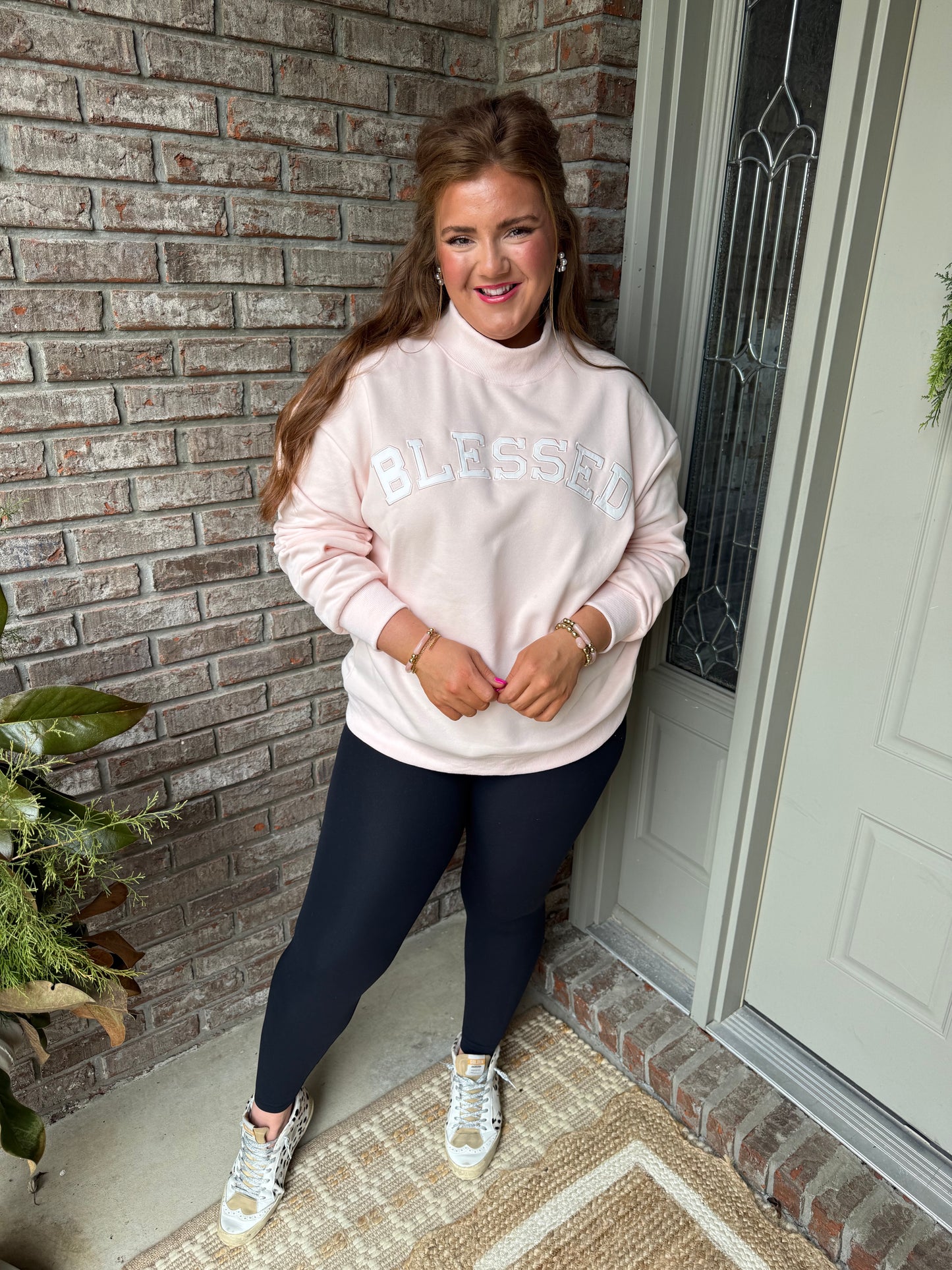Light Pink Oversize Blessed Embroidered Mock Neck Sweatshirt