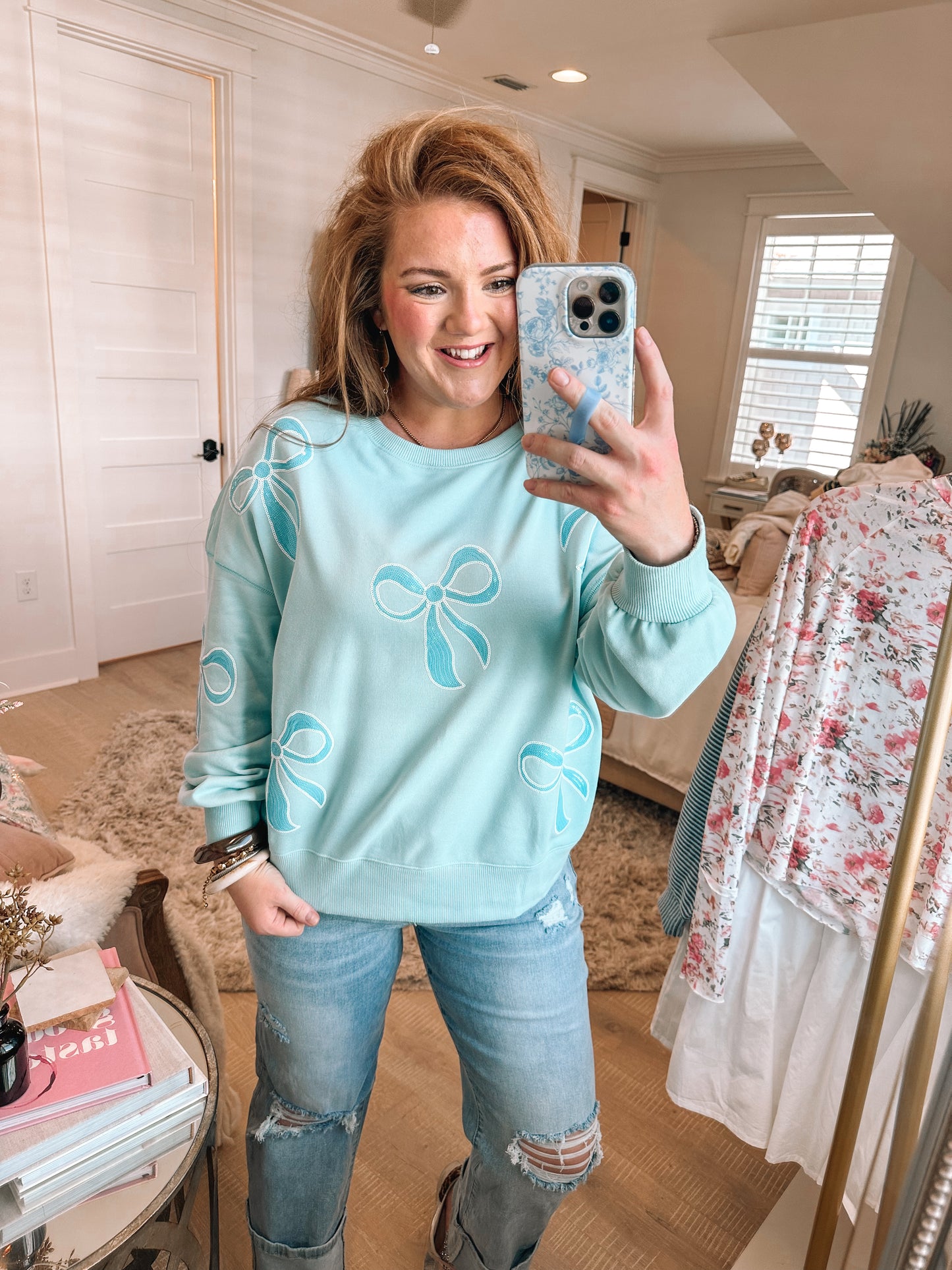 Beau Blue Sequin Bow Knot Drop Shoulder Oversized Sweatshirt