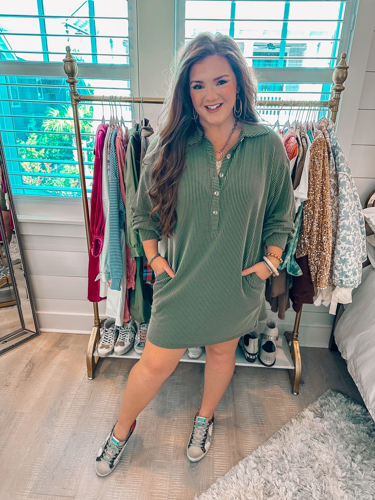 Moss Green Corded Shift Dress PREORDER