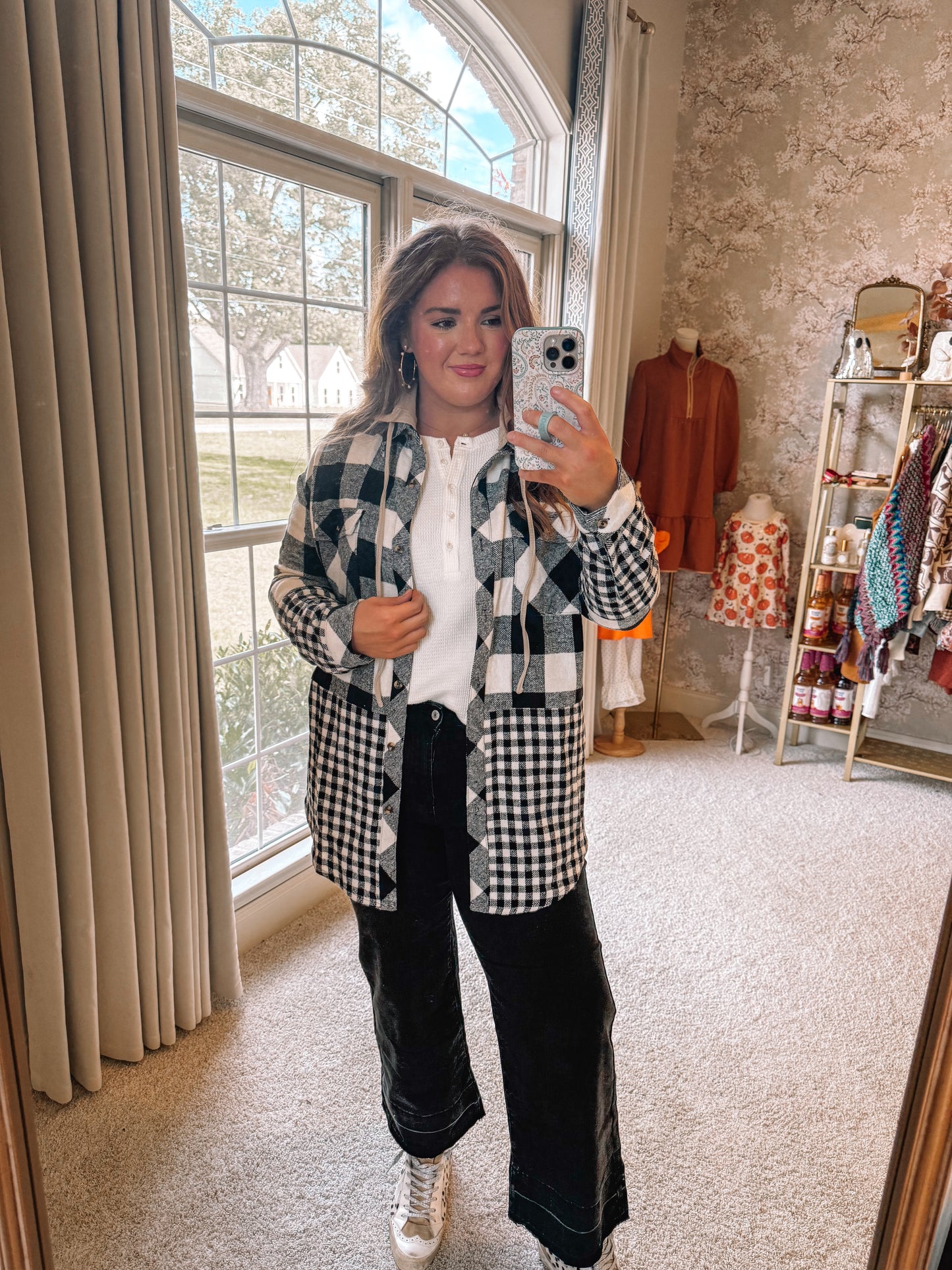 Black Double Plaid Patchwork Drawstring Hooded Shacket - PREORDER