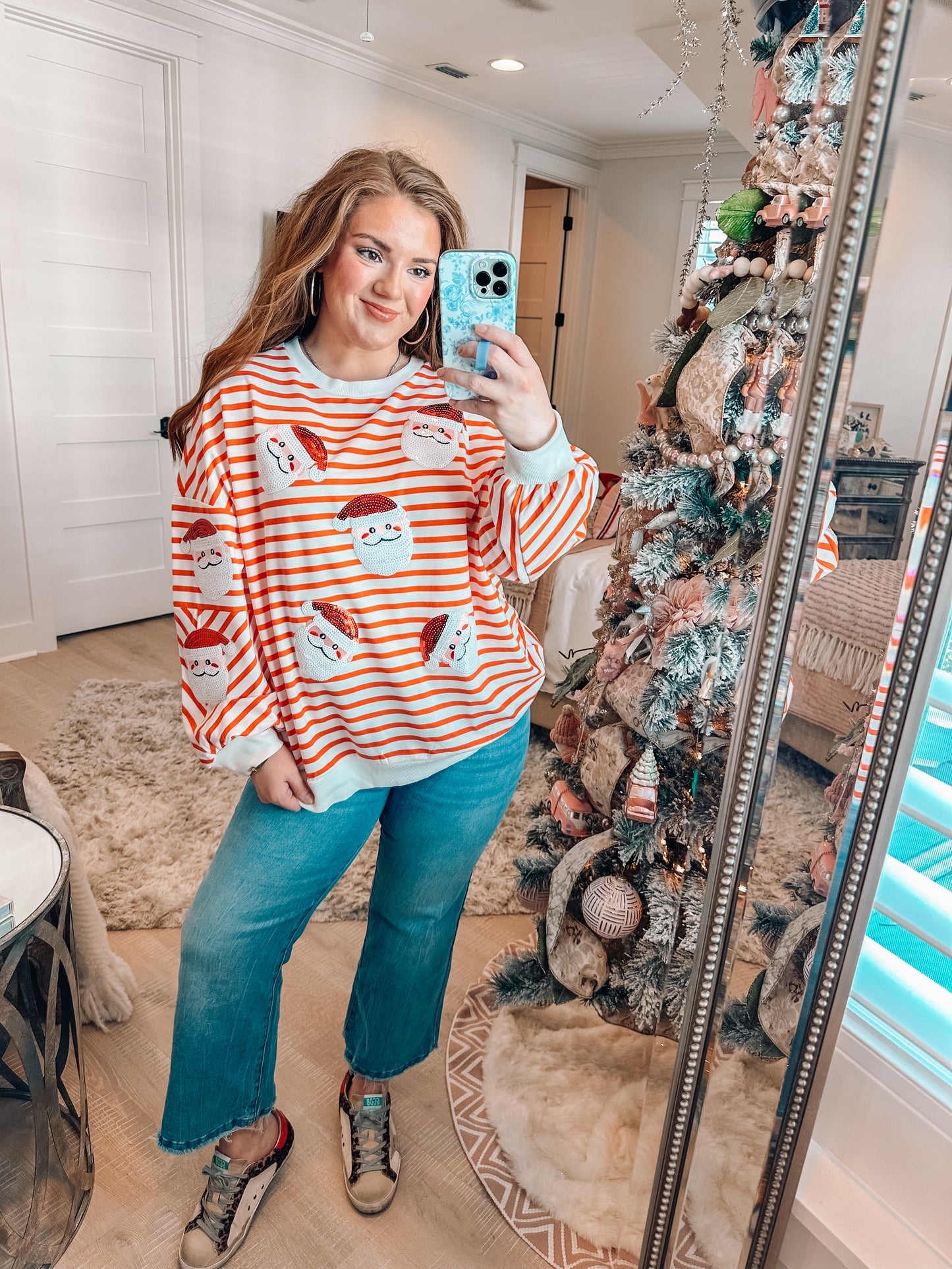 Stripe Sequin Santa Claus Pattern Christmas Pullover Sweatshirt
