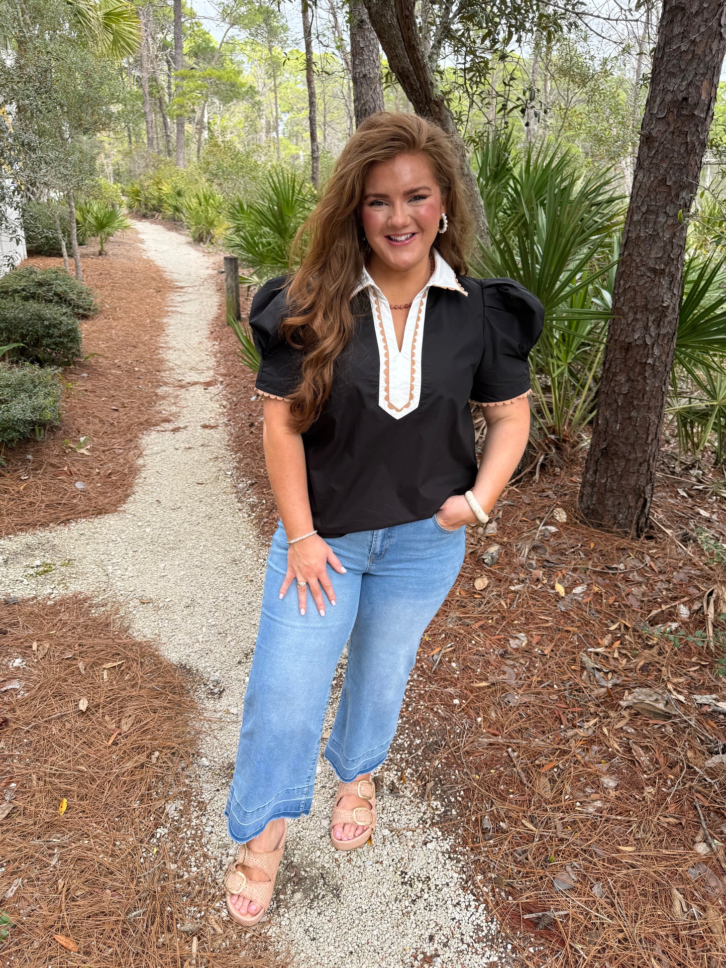 Black Ricrac Trim Color Block Patchwork Shirt Collar Short Sleeve Blouse - PREORDER