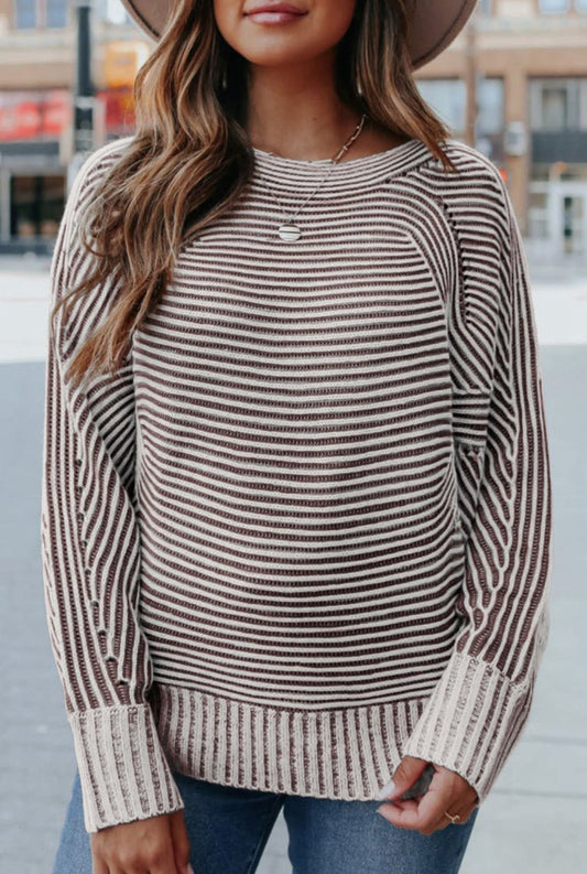 Coffee Striped Print Ribbed Knit Boat Neck Baggy Sweater - PREORDER