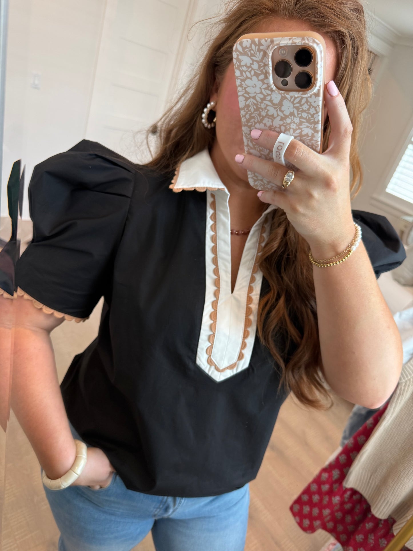 Black Ricrac Trim Color Block Patchwork Shirt Collar Short Sleeve Blouse - PREORDER