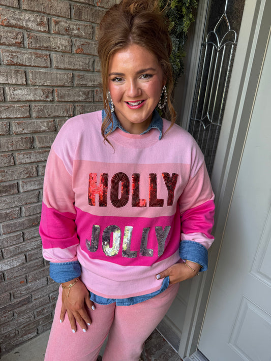 Pink Sequined HOLLY JOLLY Color Block Crew Neck Sweater