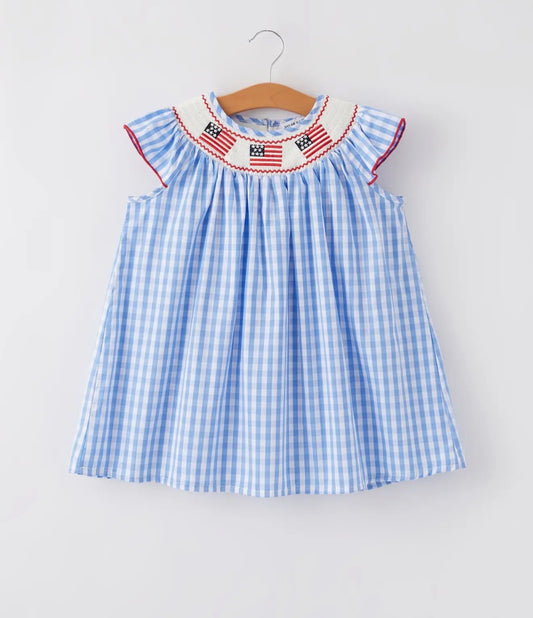 Girls 4th of July Flag Embroidery Smocked Dress