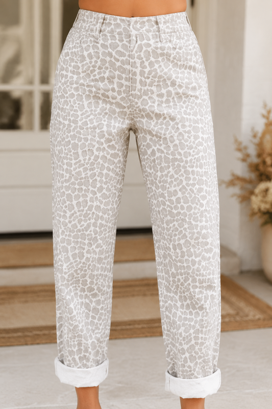 Gray Leopard Print High Rise Relaxed Casual Jeans - PREORDER