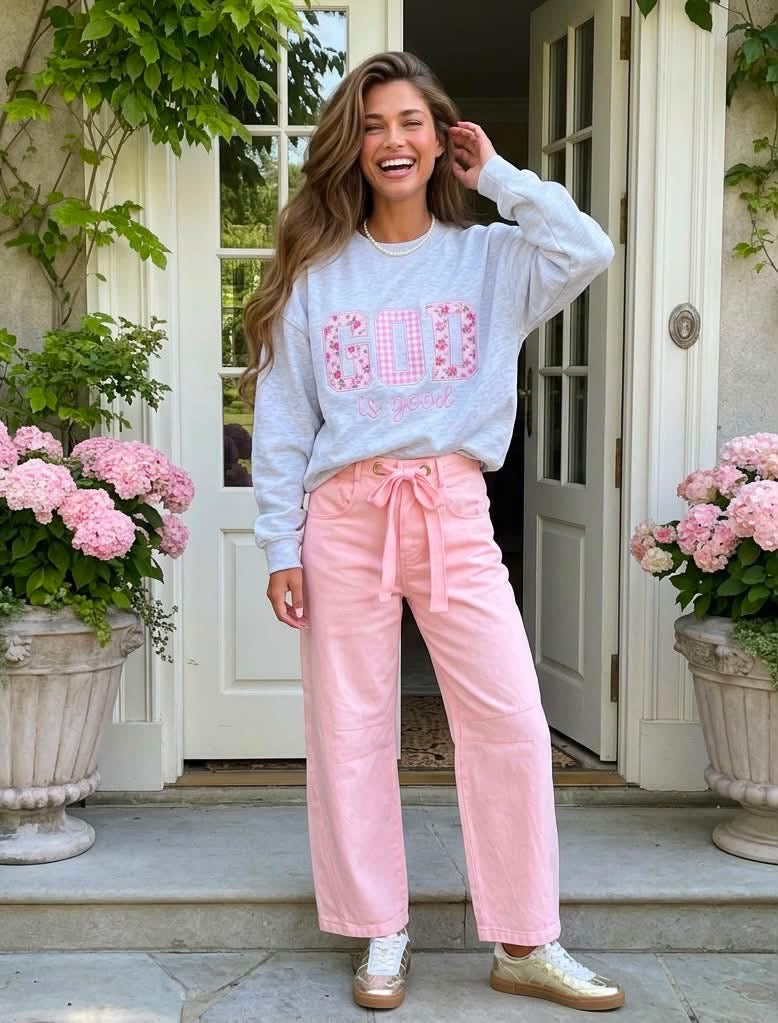 Light Grey GOD IS GOOD Letter Print Crewneck Pullover Sweatshirt - PREORDER