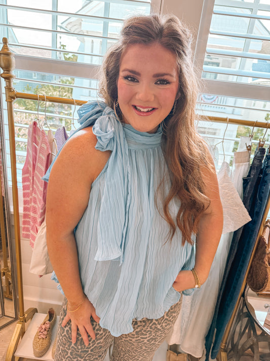 Dusty Blue Textured Pleated Tied Mock Neck Flowy Tank Top - PREORDER