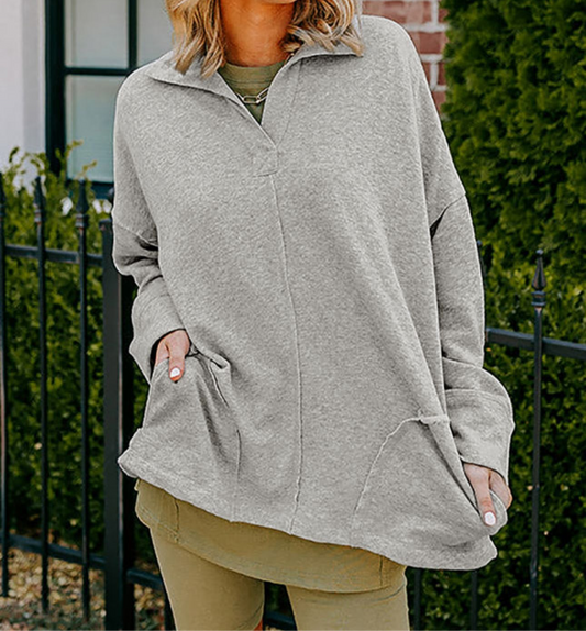 Light Grey Exposed Seam Collared Pocketed Loose Sweatshirt PREORDER