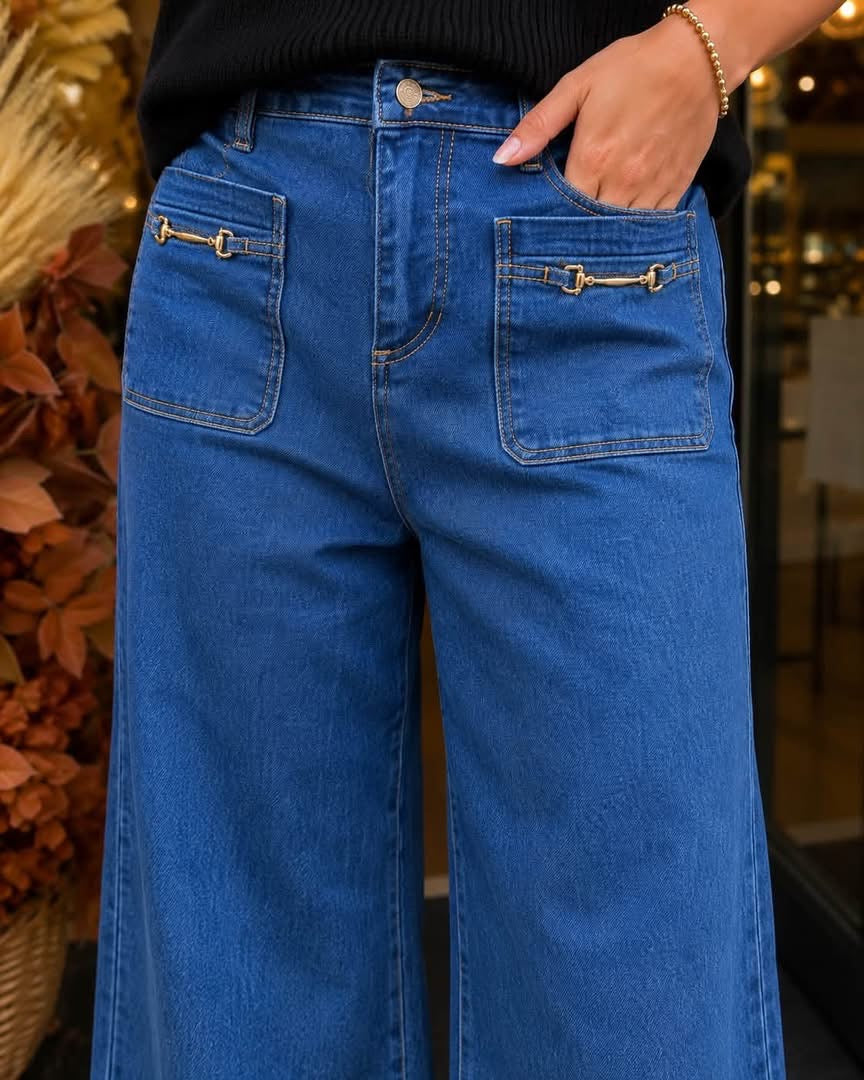 Sail Blue Hardware Decor Patched Pockets Wide Leg Denim Pants - PREORDER