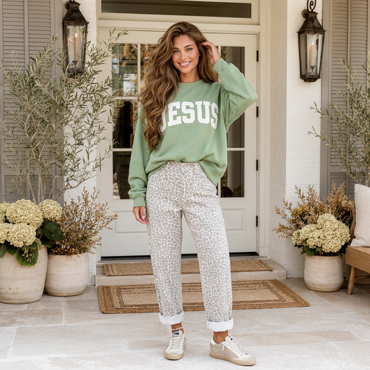 Meadow Mist Green JESUS Letter Print Exposed Seam Mock Neck Baggy Sweatshirt - PREORDER