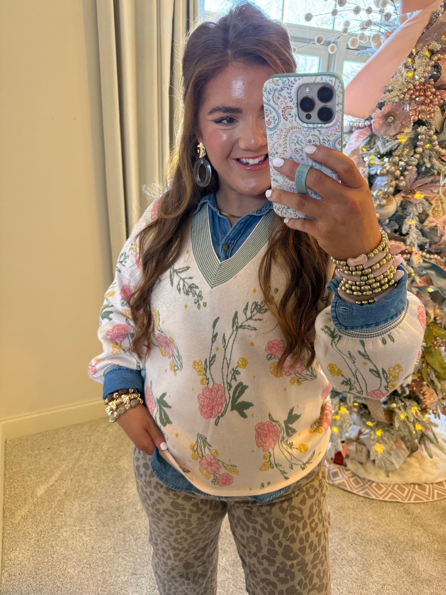 Khaki Leopard Print Straight Loose Jeans