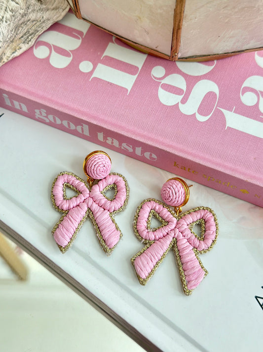 Pink Bow Raffia Earrings