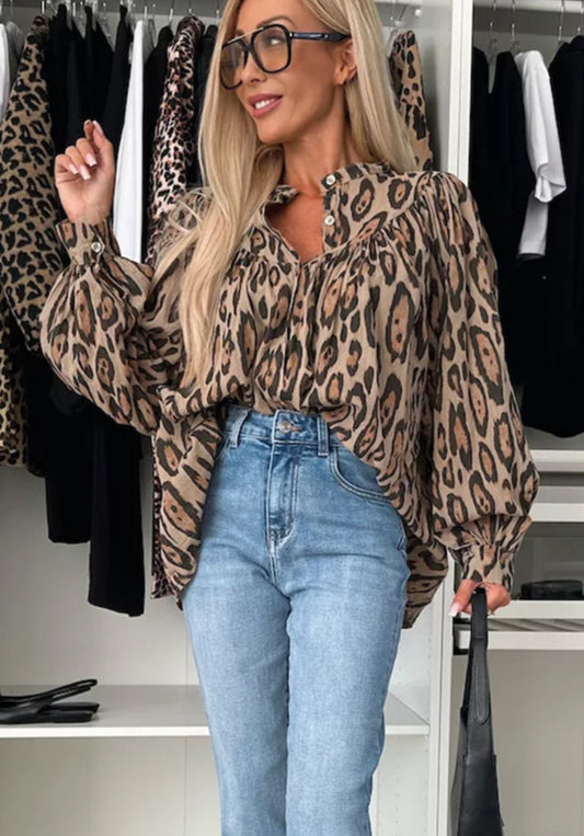 Light French Beige Oversized Leopard
Print Balloon Sleeve Casual Shirt PREORDER