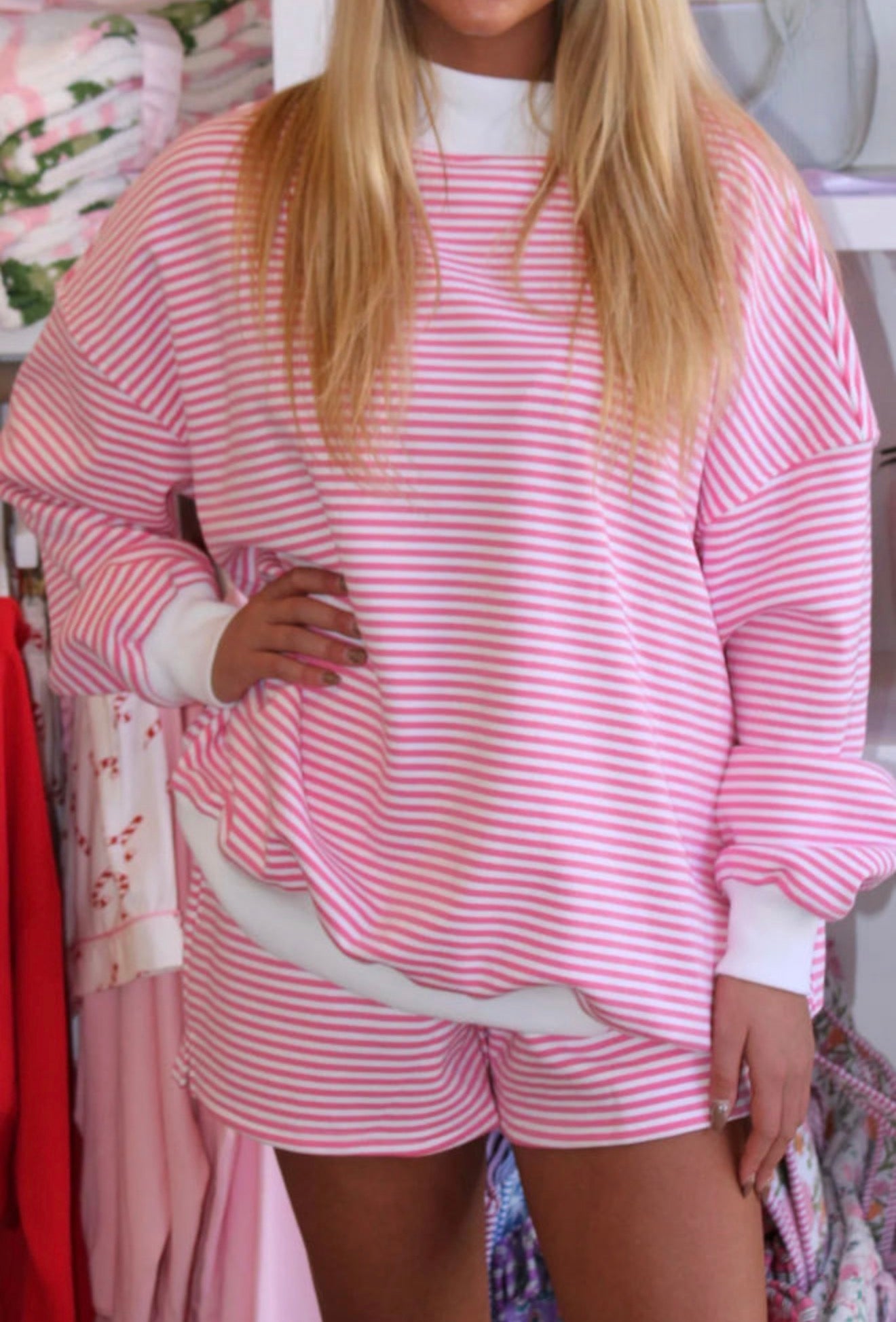 Hot Pink Stripe Oversize Mock Neck Sweatshirt and Shorts Set