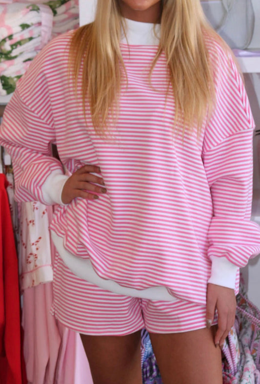Hot Pink Stripe Oversize Mock Neck Sweatshirt and Shorts Set