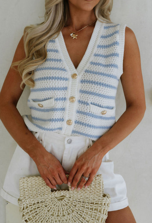 Sky Blue Stripe V Neck Gold Button Sweater Vest PREORDER ETA APRIL