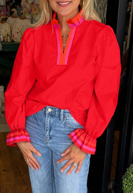 Fiery Red Striped Trim Ruffle Split Neck Long Sleeve Blouse - PREORDER