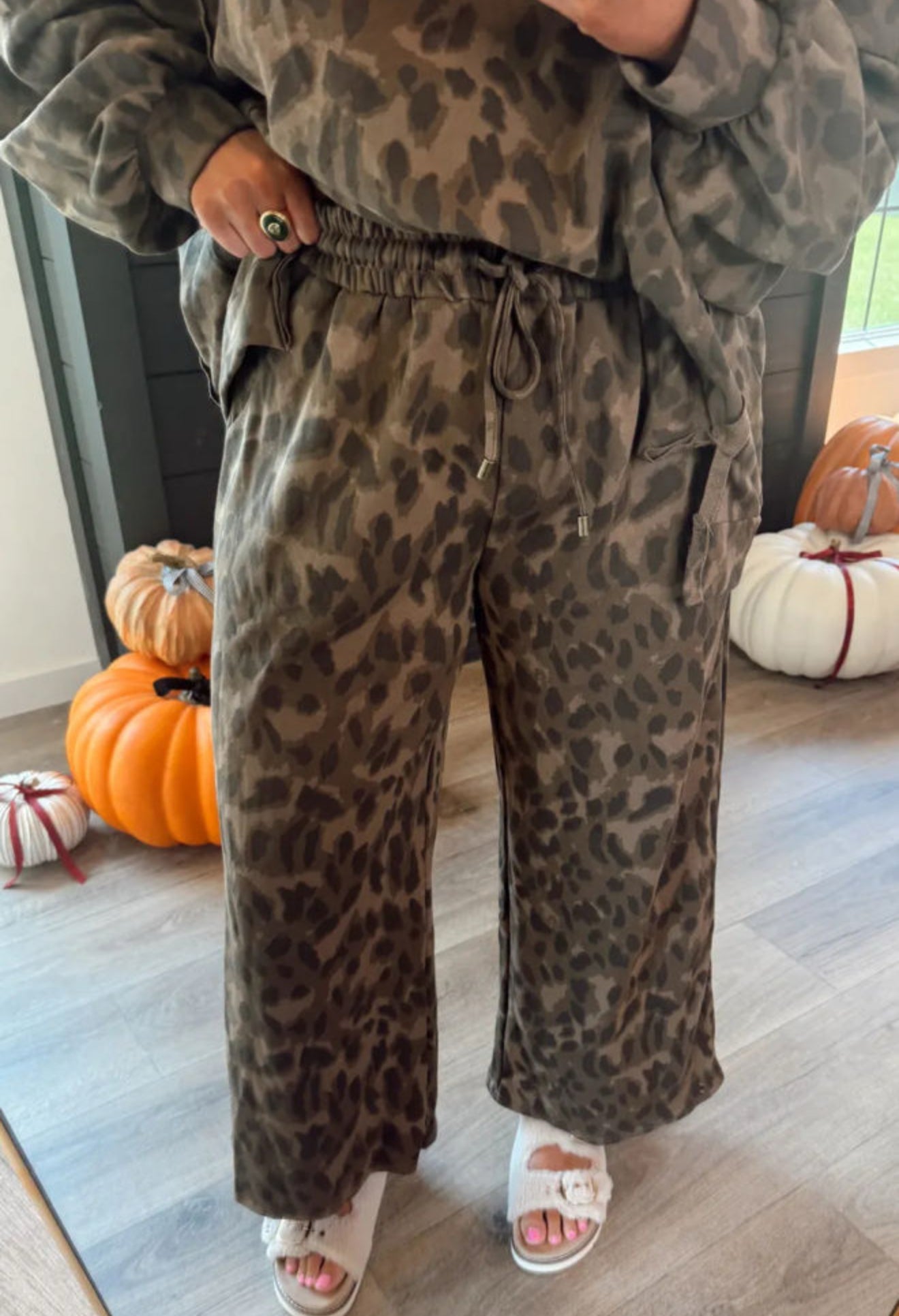 Brown Leopard Print Raw Seam Patchwork Pullover Drawstring Loose Pant Set - PREORDER