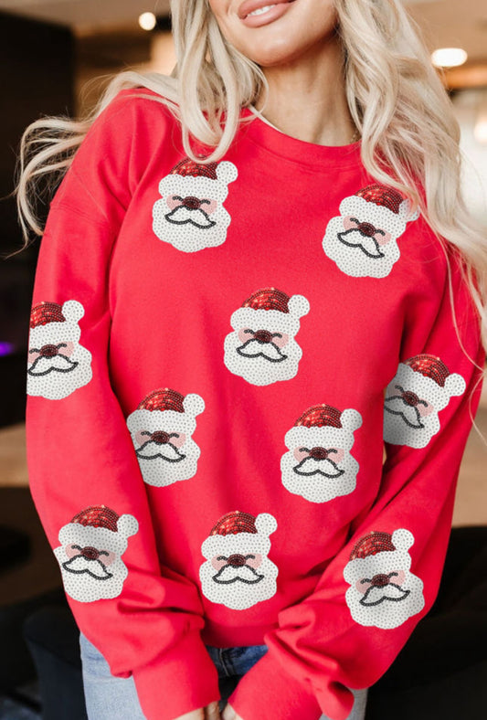 Red Sequin Santa Clause Patched
Christmas Pullover Sweatshirt PREORDER