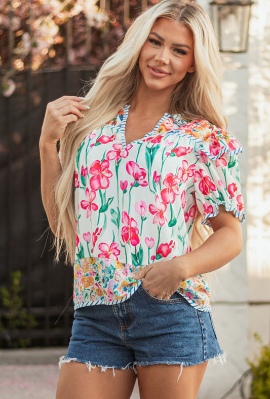 Pink Floral Print Striped Detail Split Neck Short Sleeve Blouse
