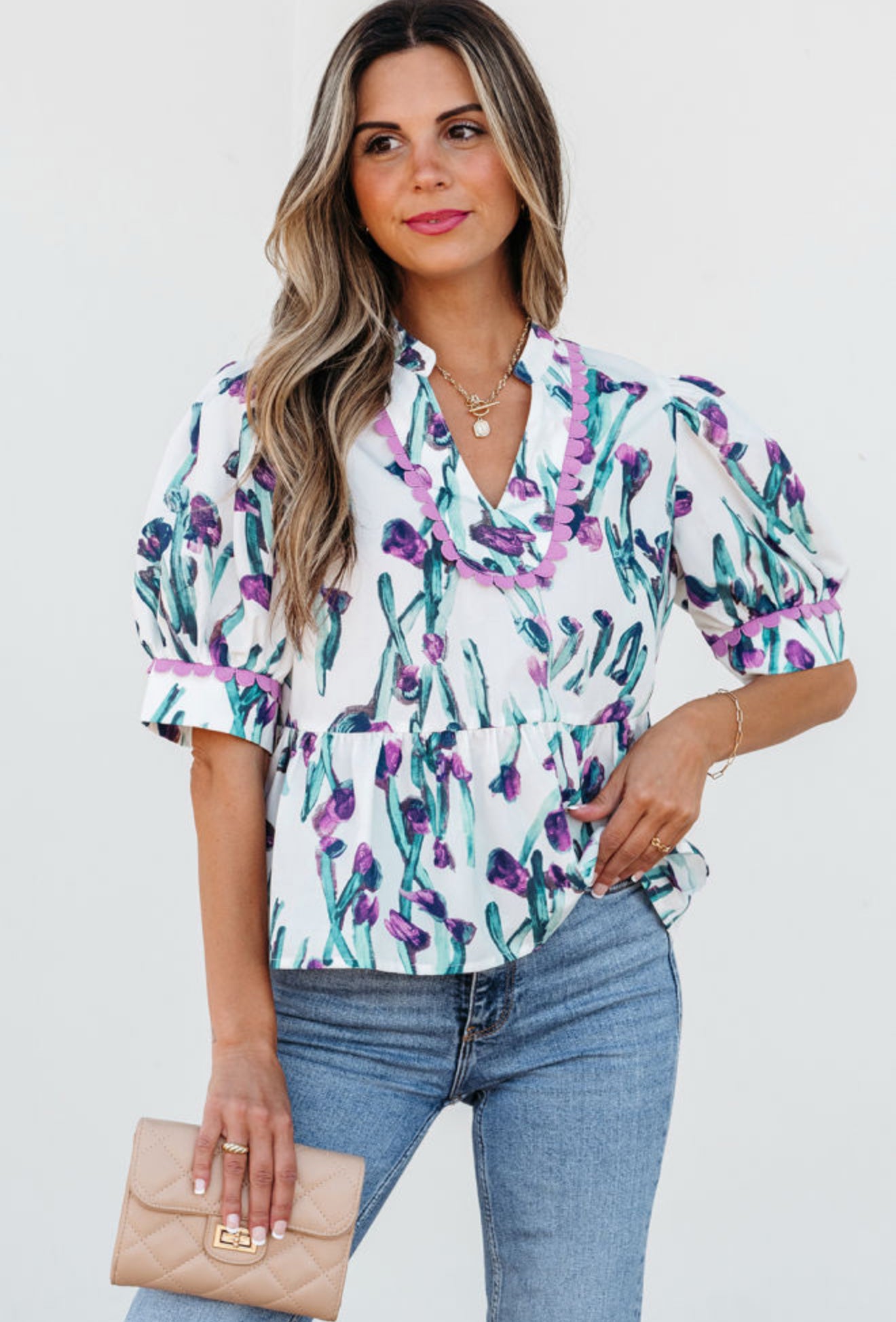 Purple Floral Ricrac Trim Half Sleeve Peplum Top PREORDER