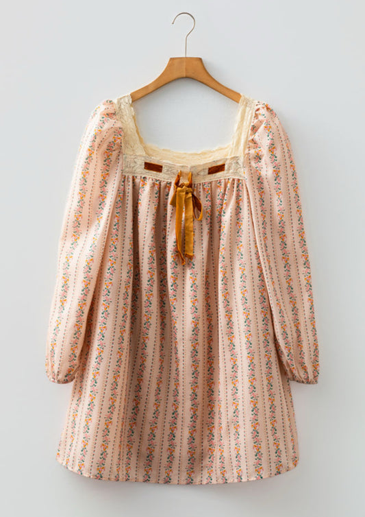 Floral Print Contrast Velvet Bow Lace Patchwork Long Sleeve Loose Mini Dress - PREORDER