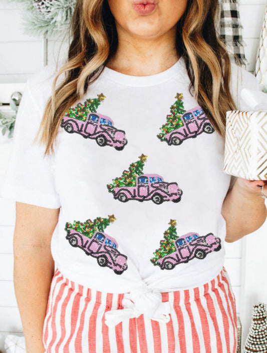 White Truck Christmas Tree Patched
Pattern Crewneck Tee PREORDER