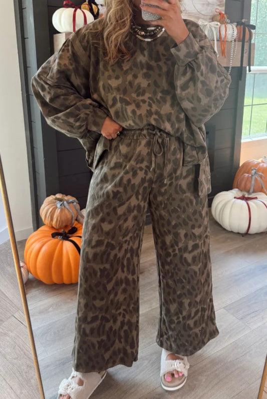 Brown Leopard Print Raw Seam Patchwork Pullover Drawstring Loose Pant Set - PREORDER