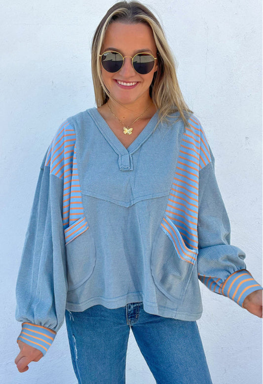 Dusk Blue Exposed Seam Waffle Striped Patchwork Baggy Pullover - PREORDER