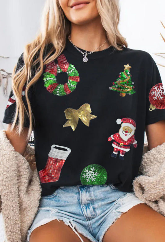 Black Sequin Christmas Essentials Graphic Crewneck T-Shirt PREORDER