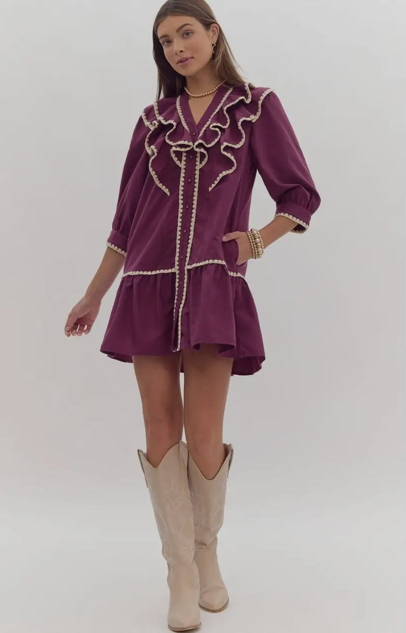 Solid Button Up Ruffled Mini Dress