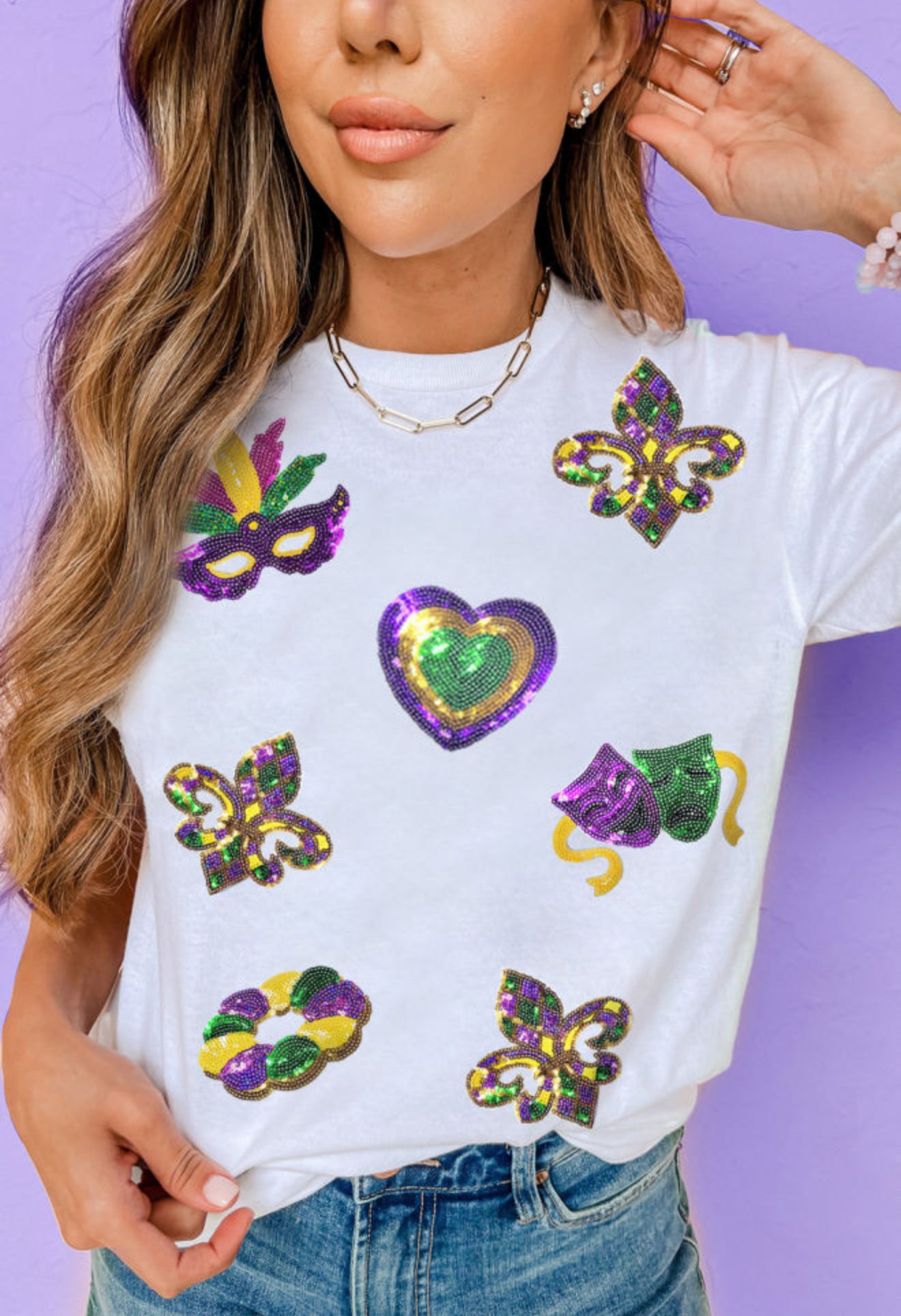 White Sequin Mardi Gras
Casual Tee PREORDER