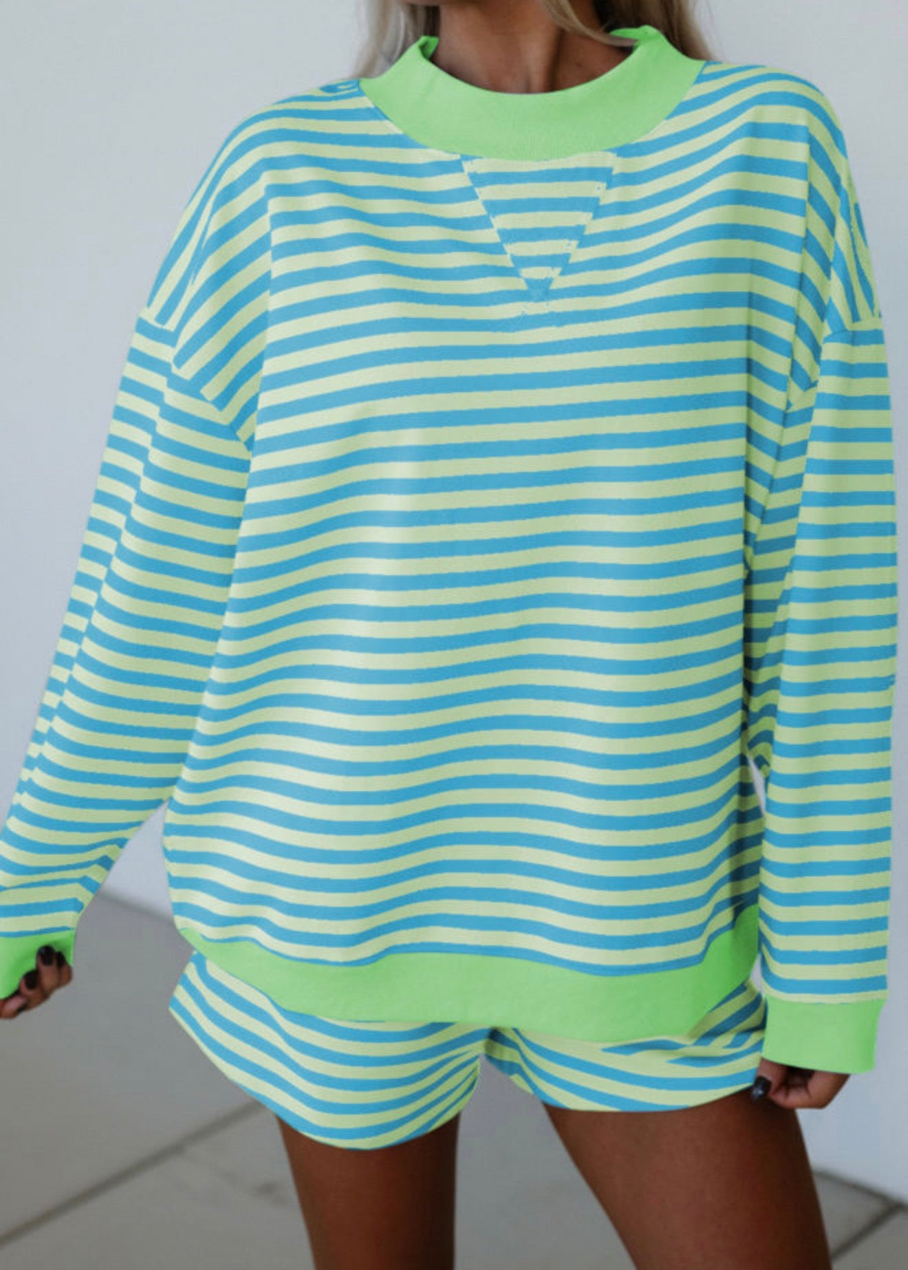 Green Stripe Color Block Detail Long Sleeve Pullover Elastic Waist Pull On Shorts 2pcs Set