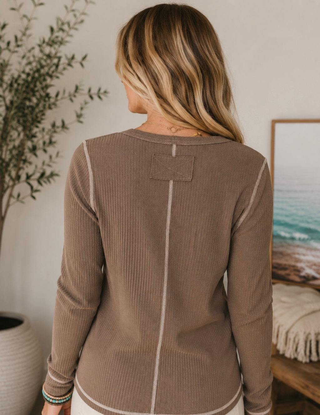 Dark Khaki V Neck Ribbed Stitched Detail Long Sleeve Top - PREORDER