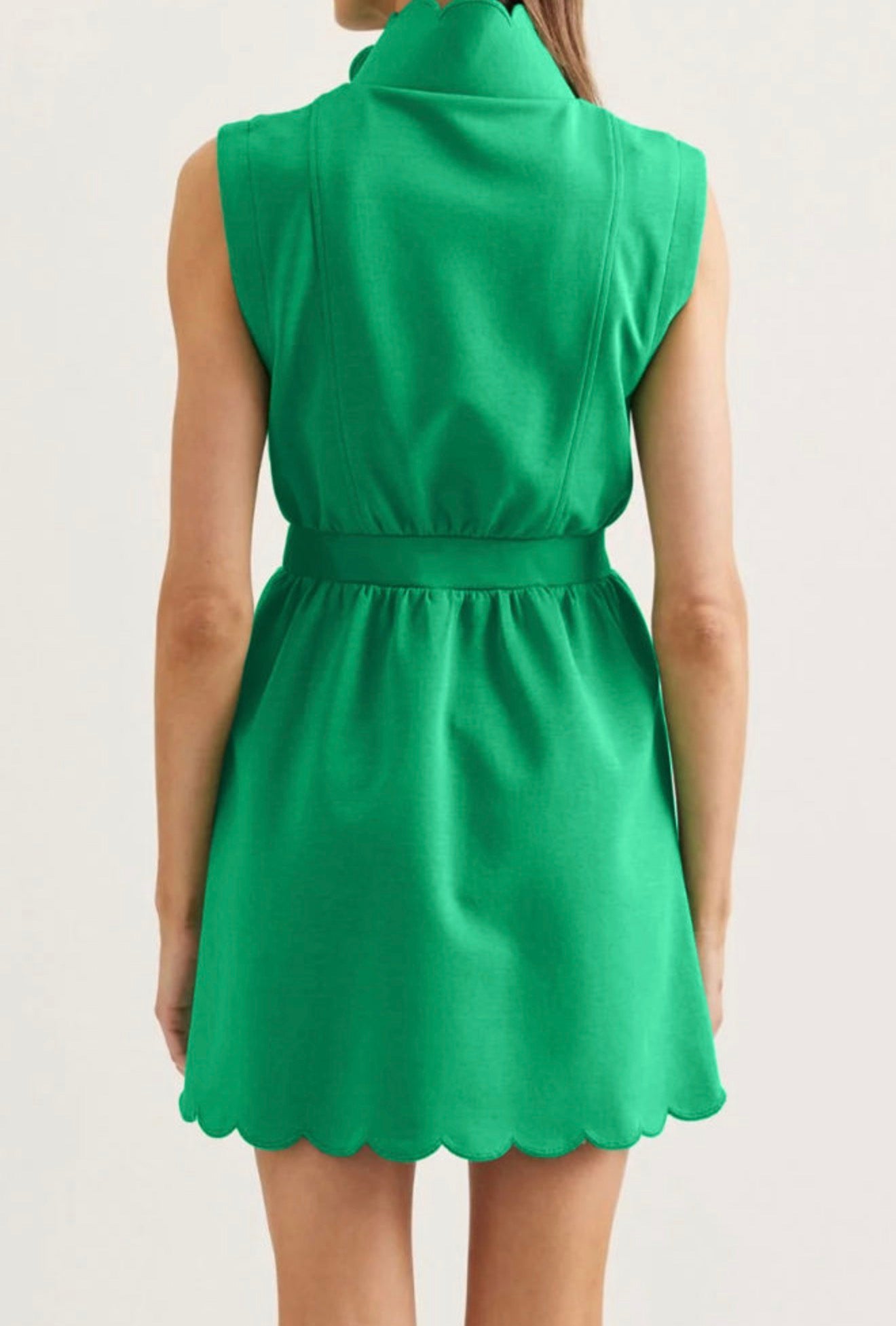 Bright Green Sleeveless Zip Front Scallop Hem Mini Dress - PREORDER