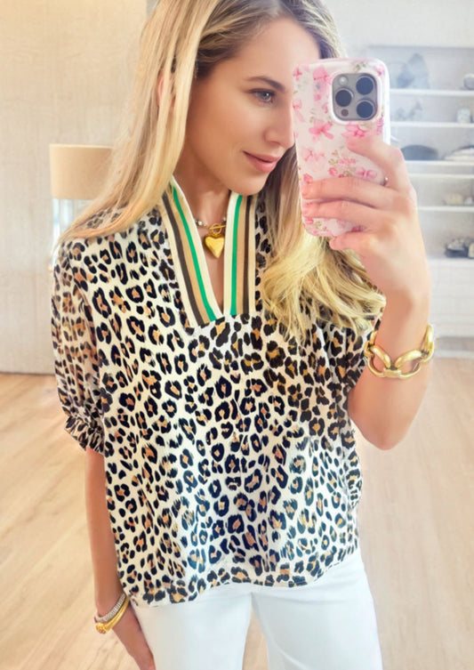 Khaki Leopard Color Block Contrast
Striped V Neck Half Sleeve Loose Fit Blouse - PREORDER