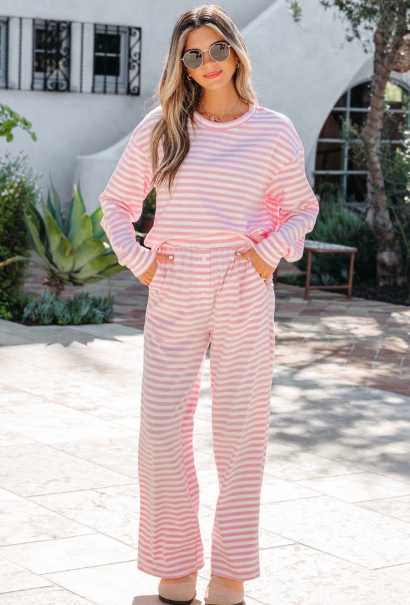 Pink Stripe Drop Shoulder Round Neck Top and Buttoned Straight Pants Two Piece Set