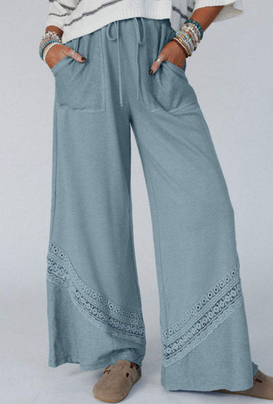 Dusk Blue Lace Crochet Patched Lace-up High Waist Wide Leg Pants PREORDER