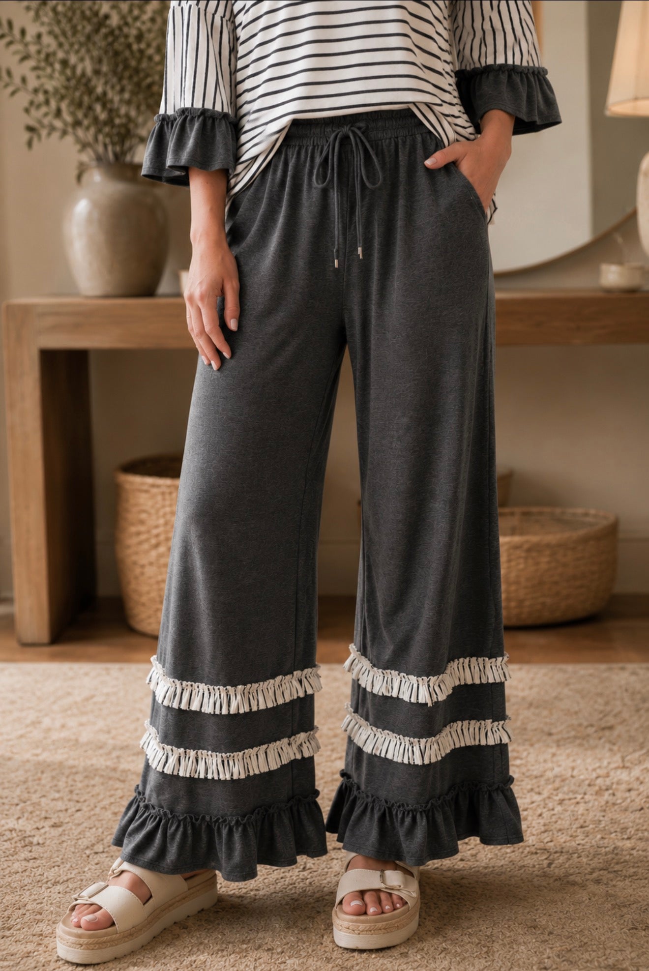 Gray Stripe V Neck Ruffle Contrast Sleeve Drawstring Pants 2pcs Set - PREORDER