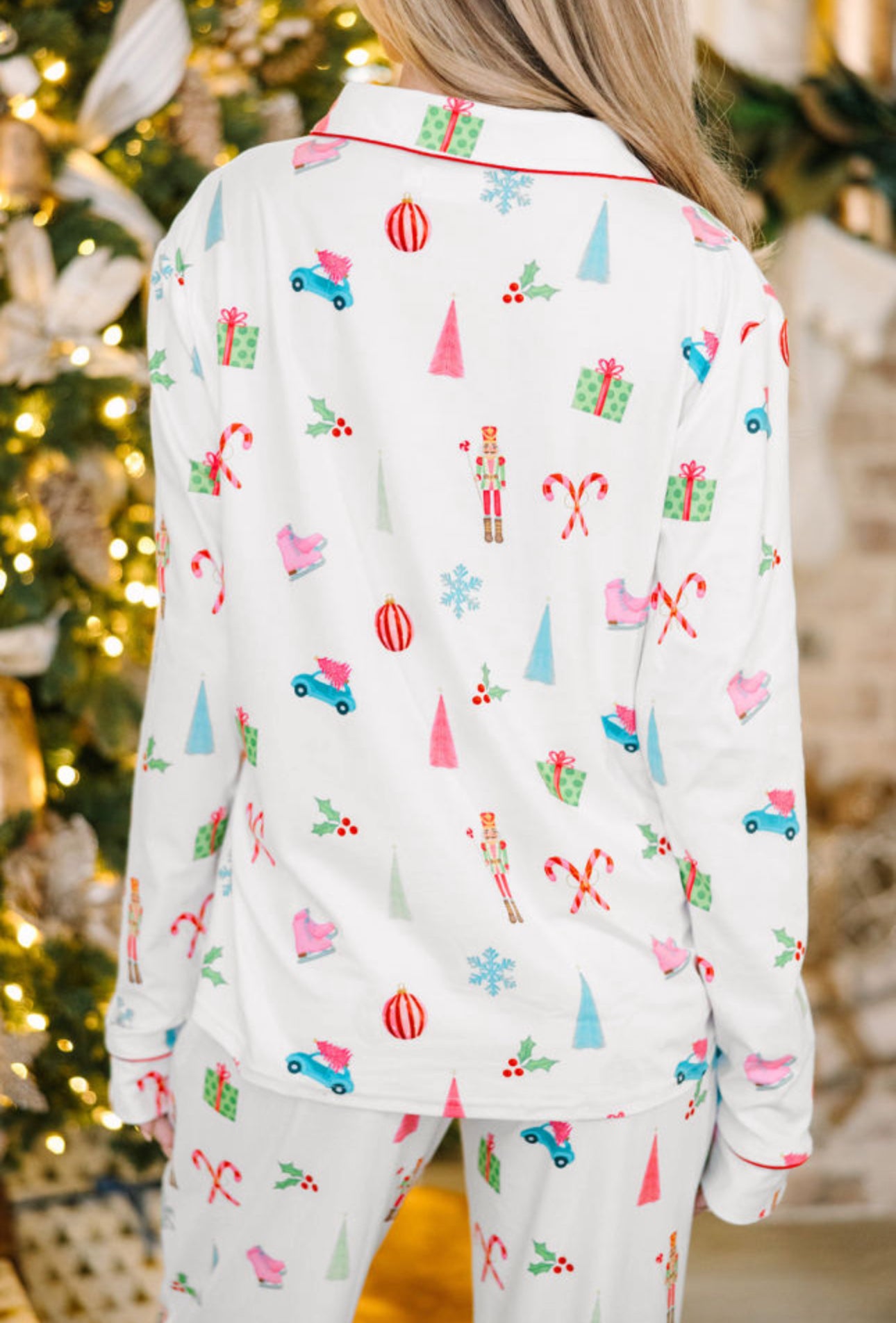 White Christmas Print Shirt and Pants Sleepwear