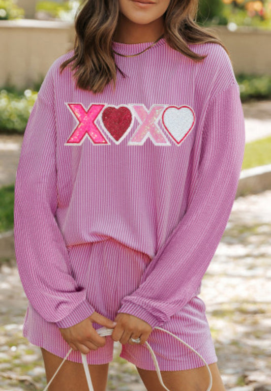 Corded Sequined XOXO
Heart Valentines Long Sleeve Shorts Set PREORDER