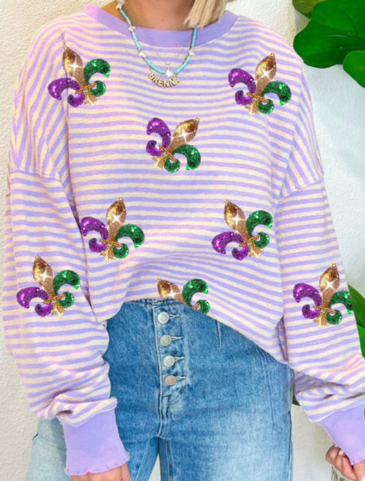 Purple Stripe Sequin Long Sleeve Mardi Gras Top PREORDER