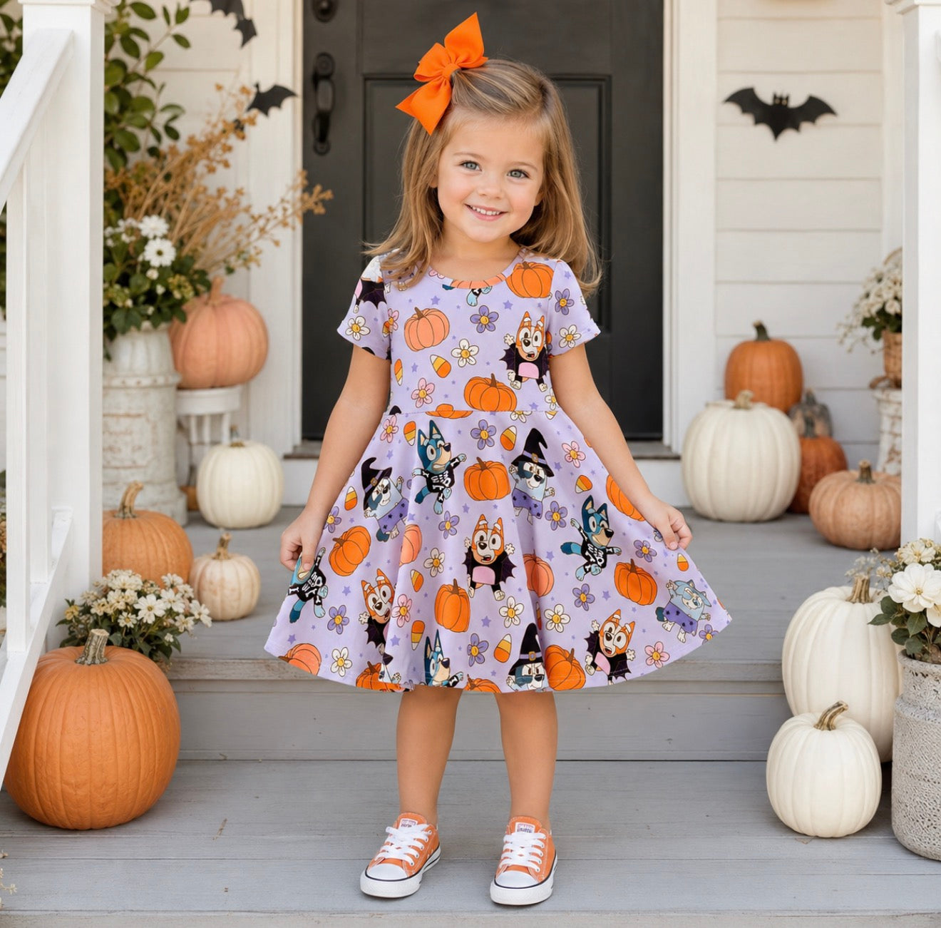 Halloween Bluey Girls Pumpkin Print Milk Silk Dress