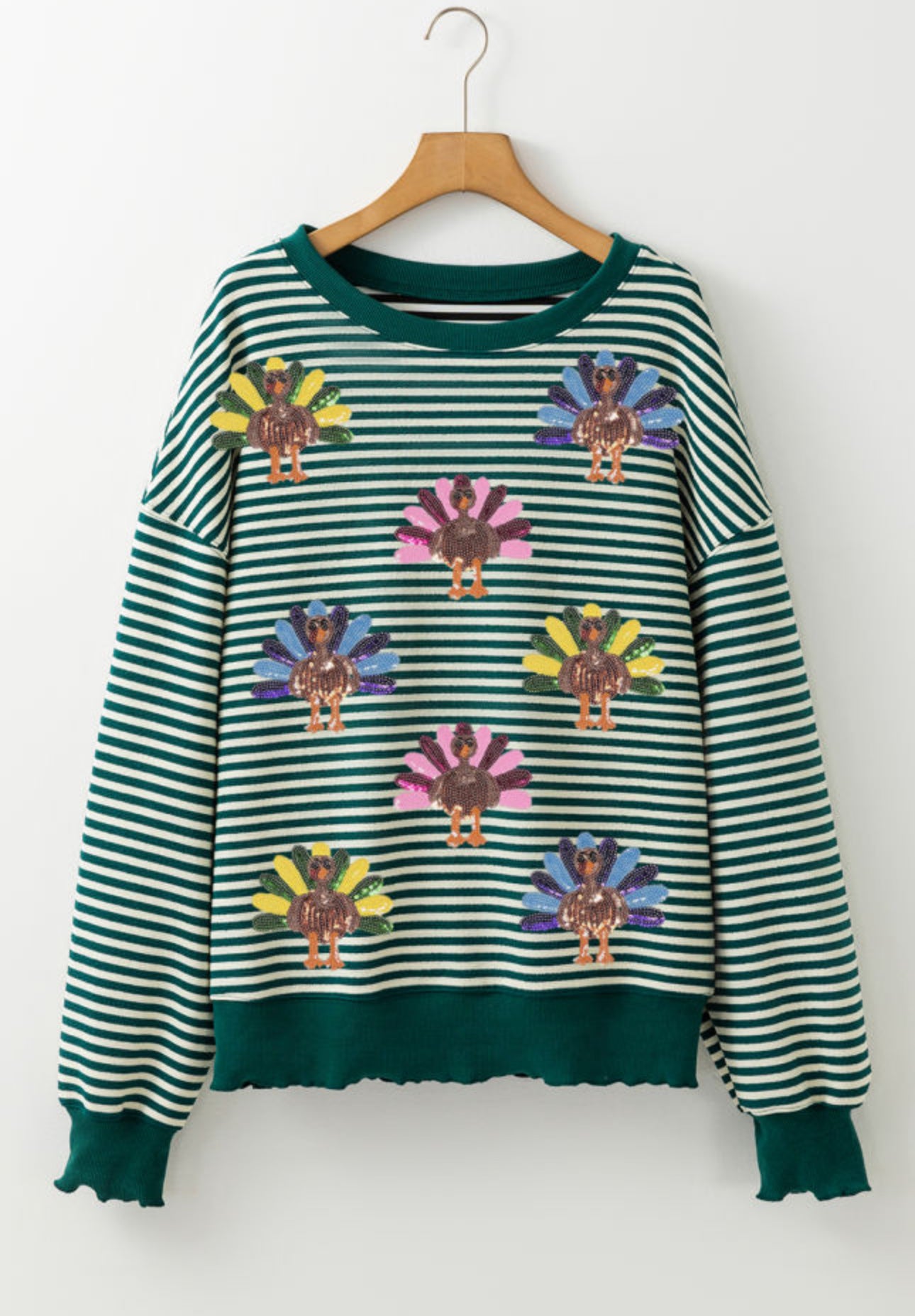 Green Stripe Sequined Turkey Pattern Drop Shoulder Pullover Top PREORDER