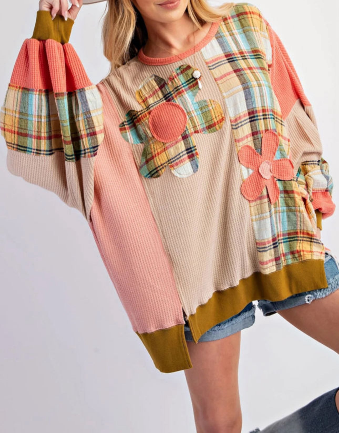 Multicolour Waffle Knit Plaid Patchwork Side Slits Loose Sweatshirt PREORDER